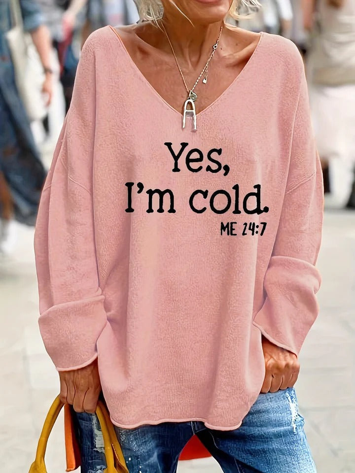 Women's Sweater – Oversized Fit – Soft Knit – V-neck – Text Print – Long Sleeves