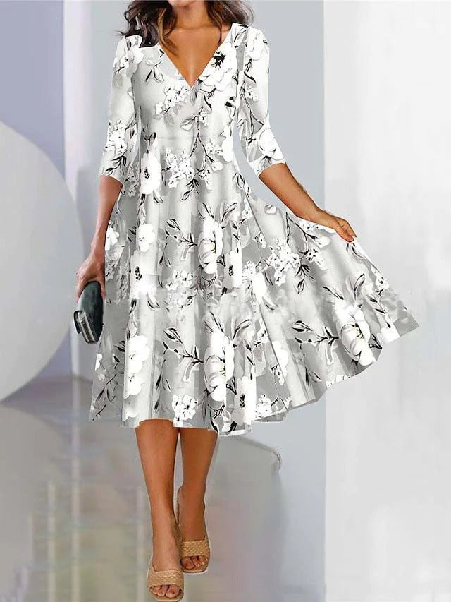 Dress for Women – Midi – V-neck – A-line Fit – 3/4 Sleeves – Floral Print – Breathable Fabric