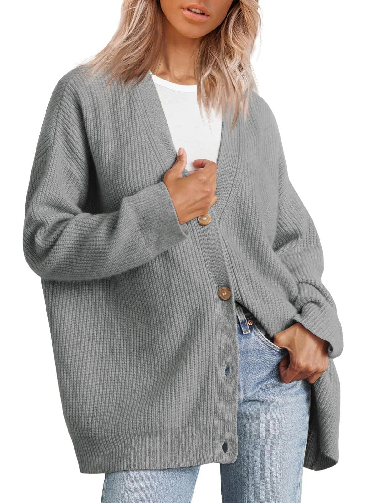 Women's Cardigan – Oversized Fit – Knitted Rib Structure – Button V-Neck