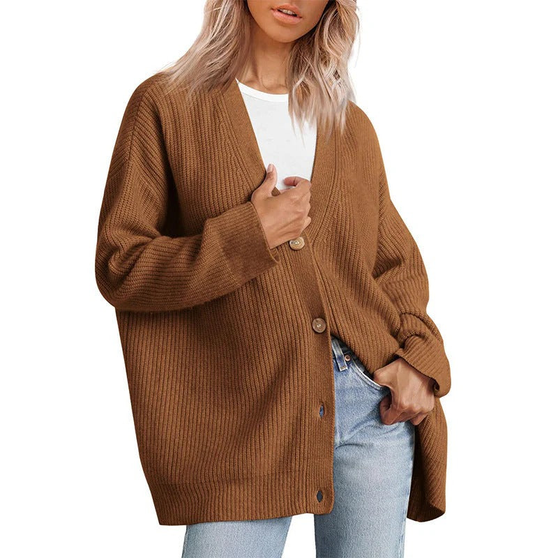 Women's Cardigan – Oversized Fit – Knitted Rib Structure – Button V-Neck