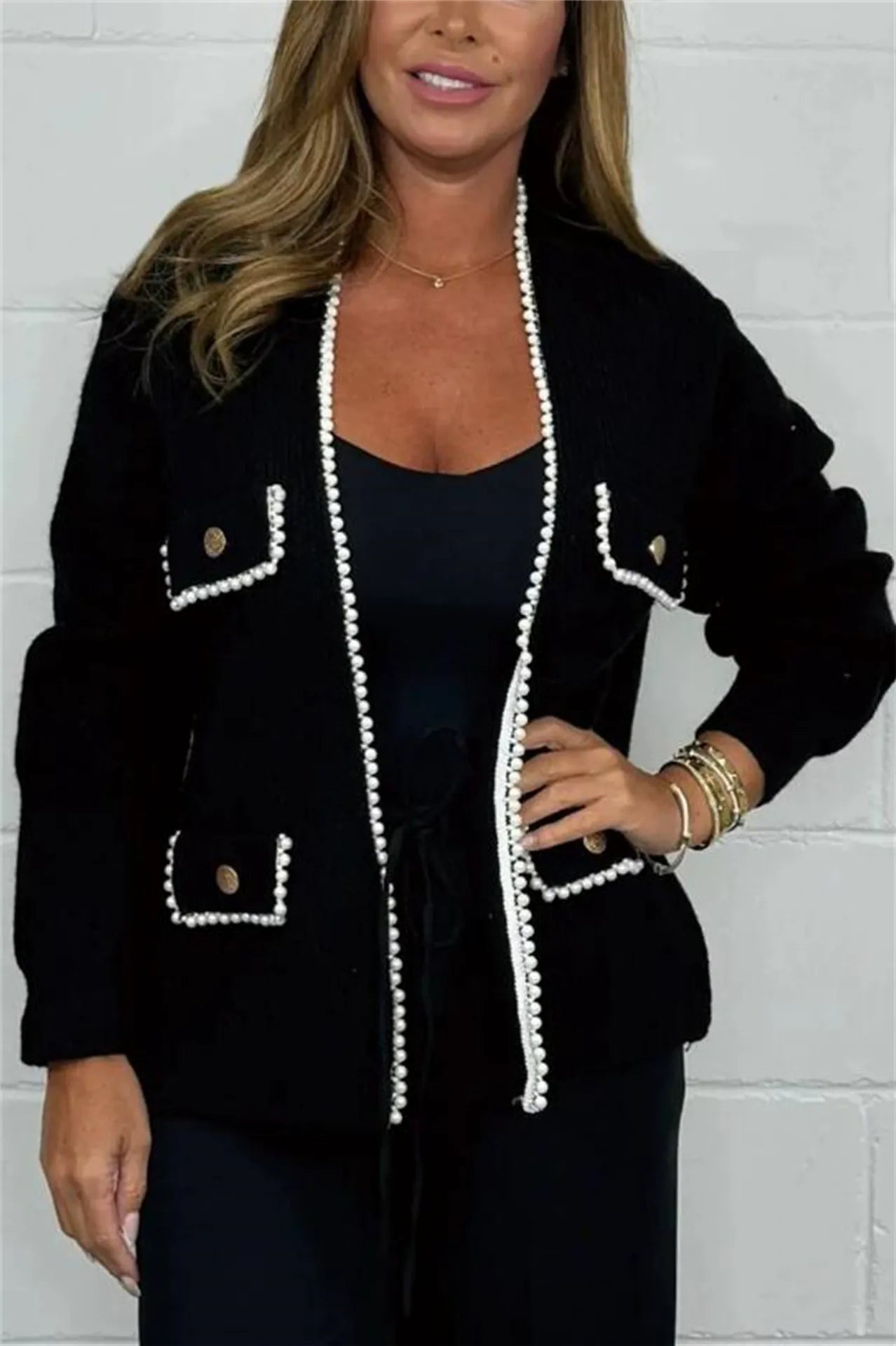 Women's Cardigan – Knitted – Relaxed Fit – Decorative Edge with Pearls – Pockets with Button