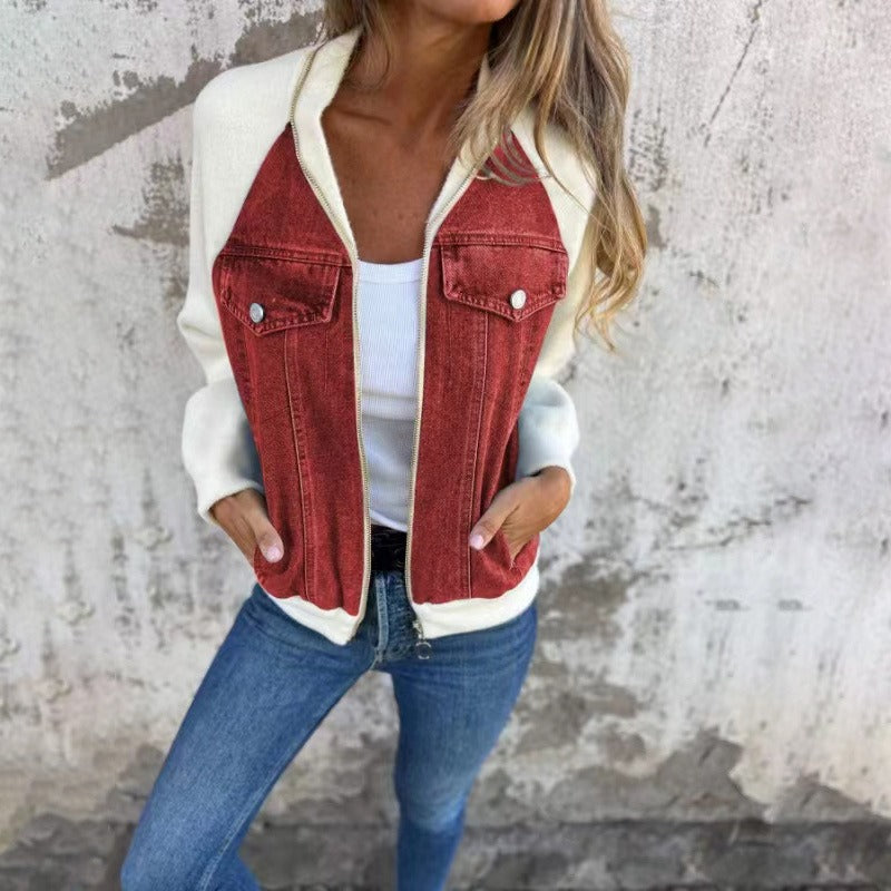 Women's Jacket in Denim – Relaxed Fit – Patchwork Design – Long Sleeves – Button Closure