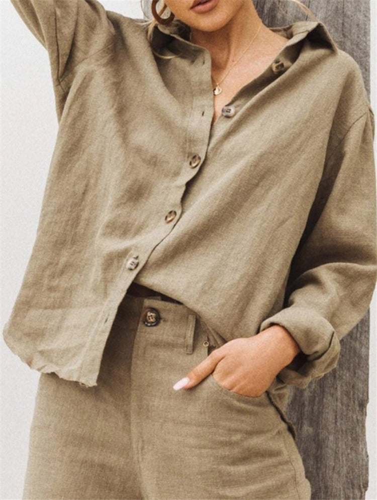 Women's Shirt – Loose Fit – Cotton Linen – Long Sleeve – Buttons – Collar