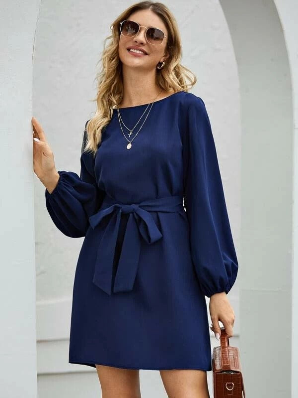 Dress woman midi – Slim fit – Puff sleeves – Tie belt – Business casual