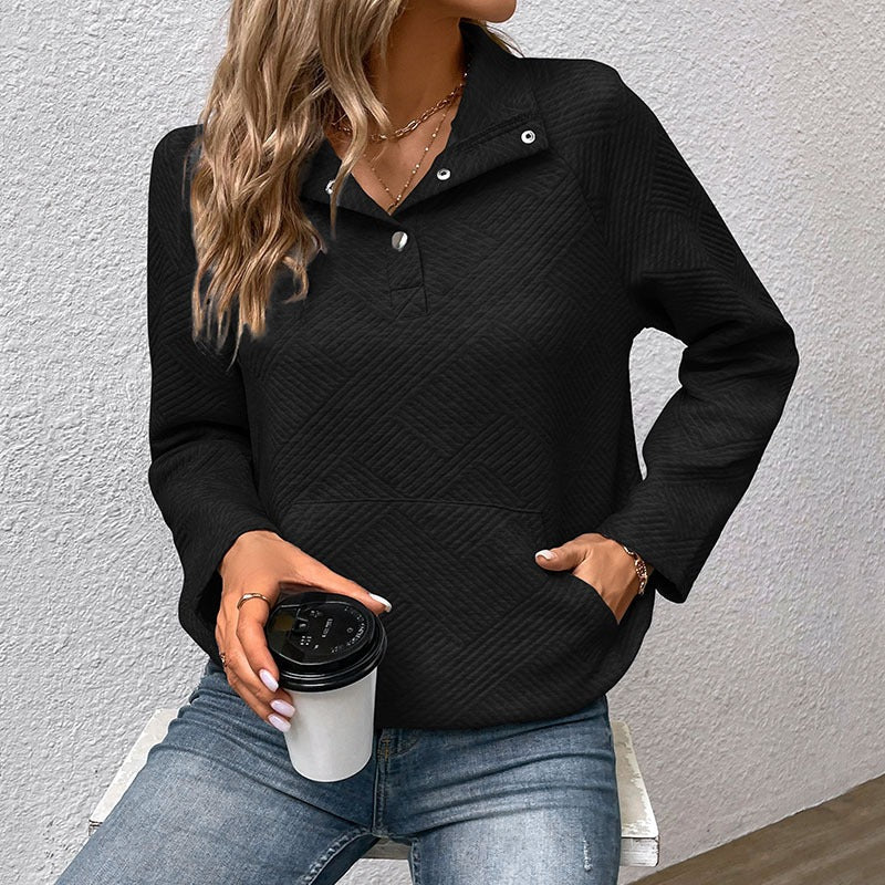 Women's Sweater – Quilted Fabric – Relaxed Fit – High Collar with Buttons