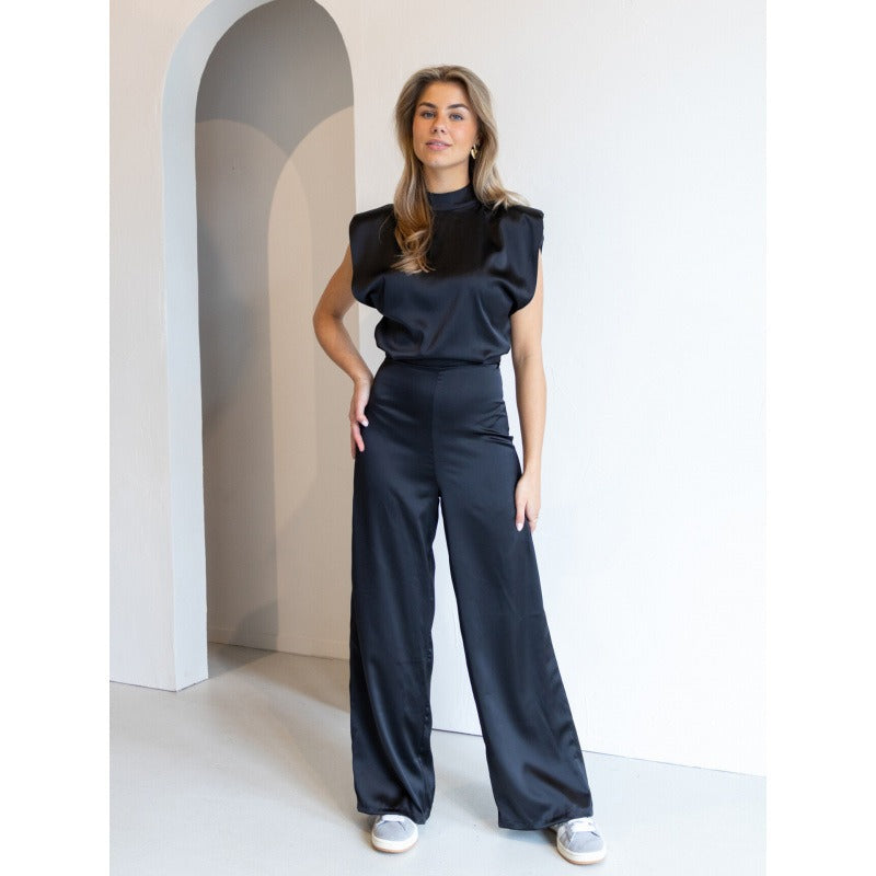 Women's jumpsuit – satin look – sleeveless – high neck – open back – wide legs