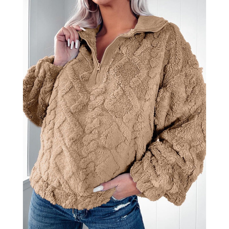Women's Sweater with Half Zipper – Plush Fleece – Oversized Fit – Stand Collar