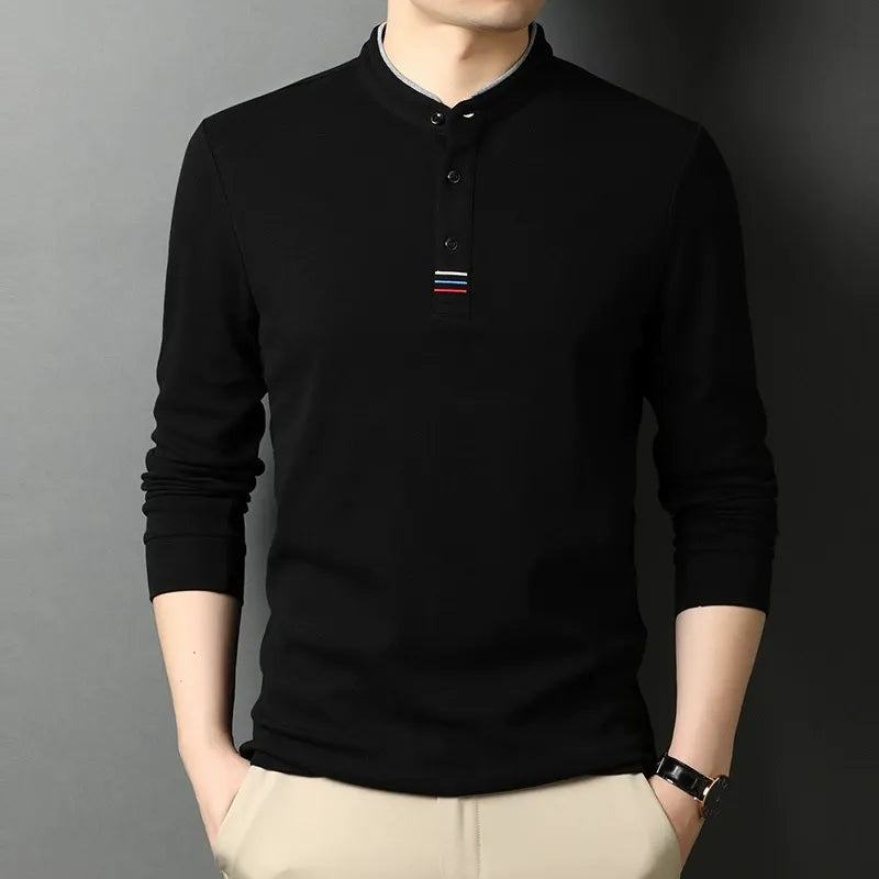Men's Long-Sleeve T-Shirt – Cotton – Regular Fit – Stand Collar – Button Opening