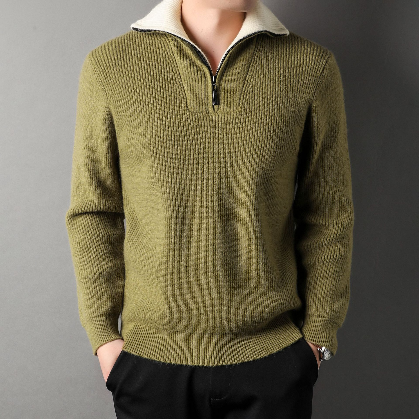 Men's Sweater – Relaxed Fit – Ribbed Knit Wool – High Neck with Zipper