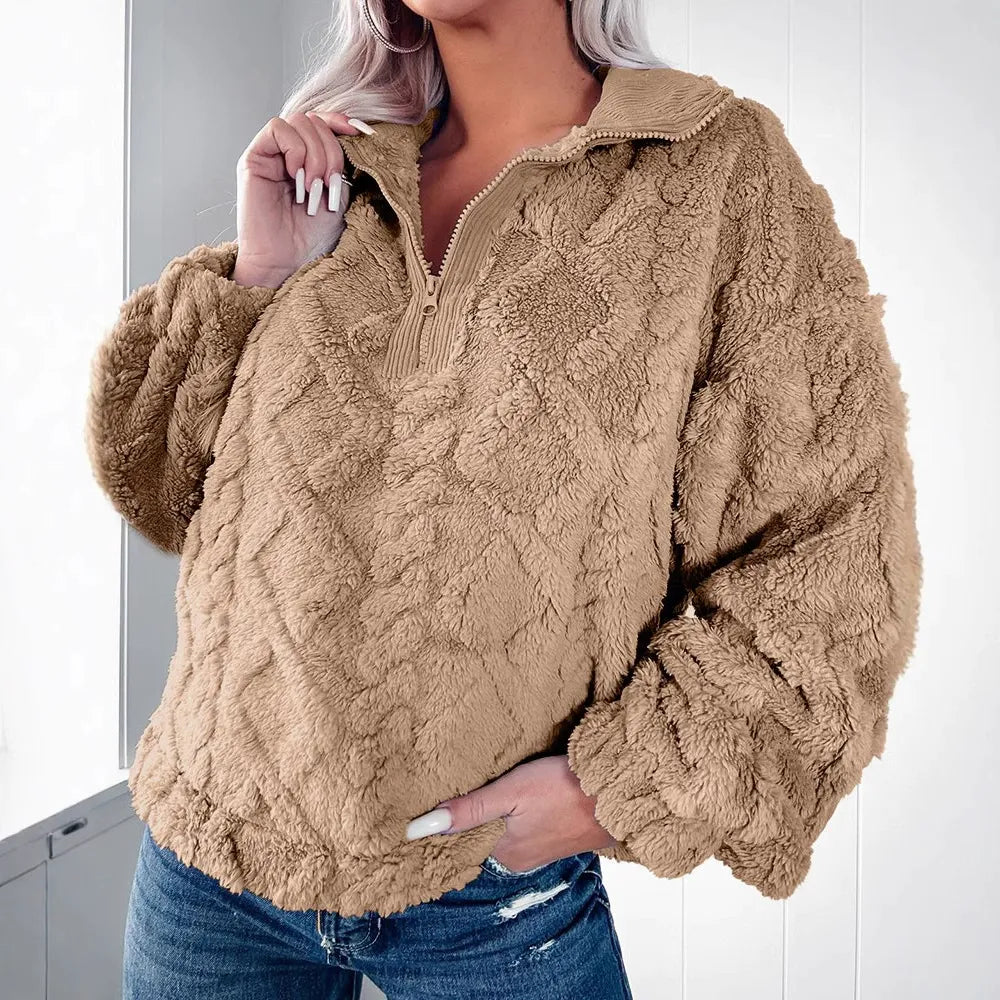Women's Sweater – Faux Fur – Relaxed Fit – Quilted Texture – Half Zipper