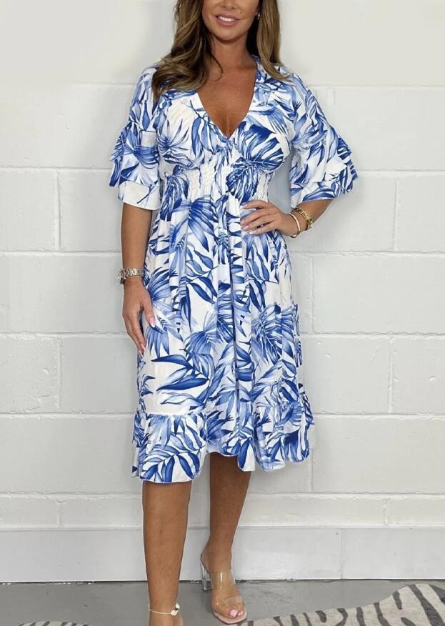 Dress for Women – Midi Length – Loose Fit – High Waist – Floral Print – V-Neck – Ruffle Sleeves