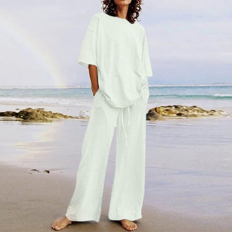 Women's Set – Relaxed Fit Top with O-Neck – Wide Pants with Elastic and Pockets
