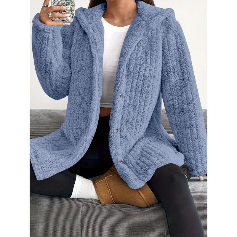 Women's Coat – Oversized Fit – Hood – Ribbed Texture – Soft Teddy Lining – Buttoning