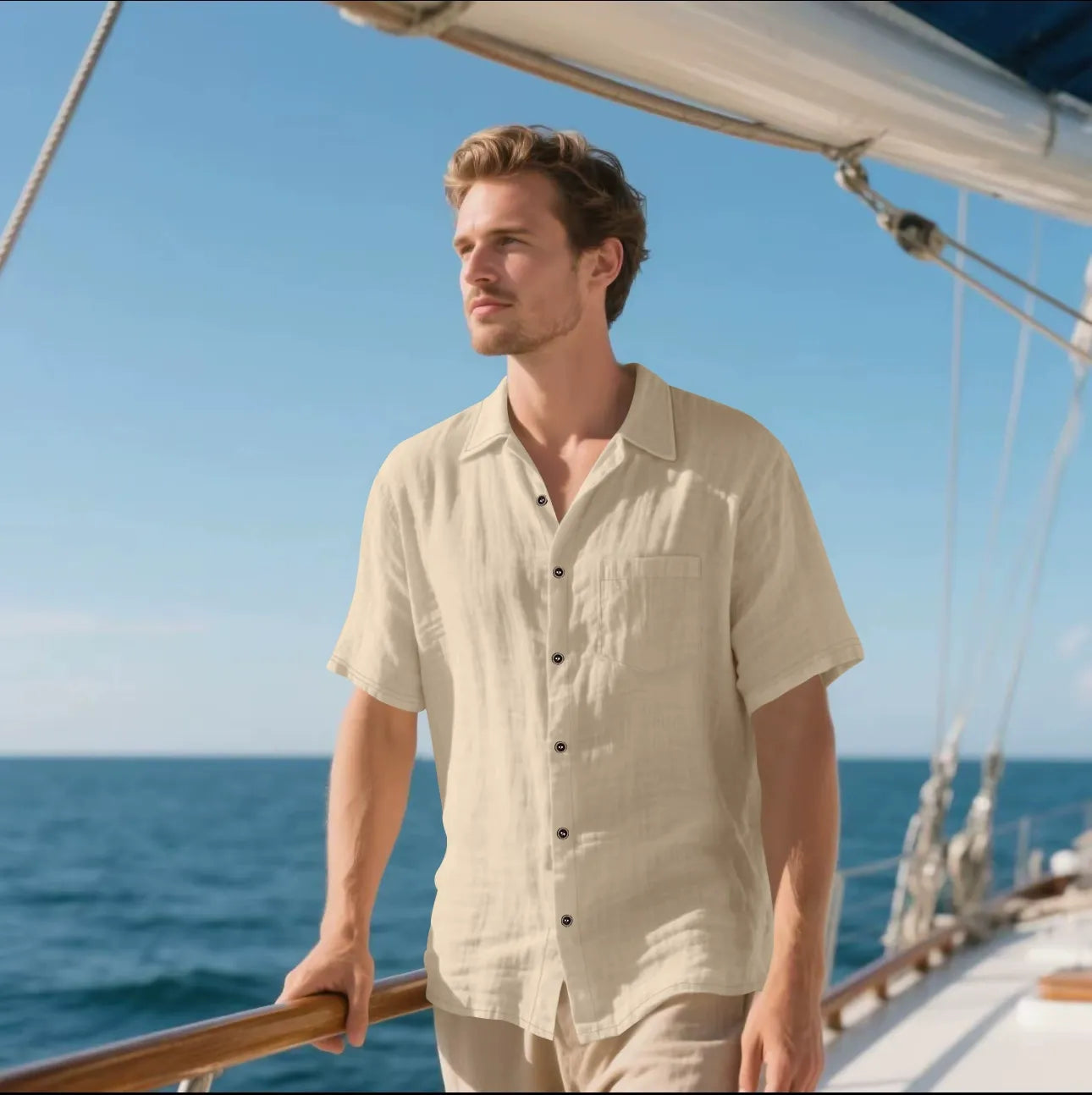 Men's Shirt with Buttons – Linen – Relaxed Fit – Short Sleeve – Breathable Casual