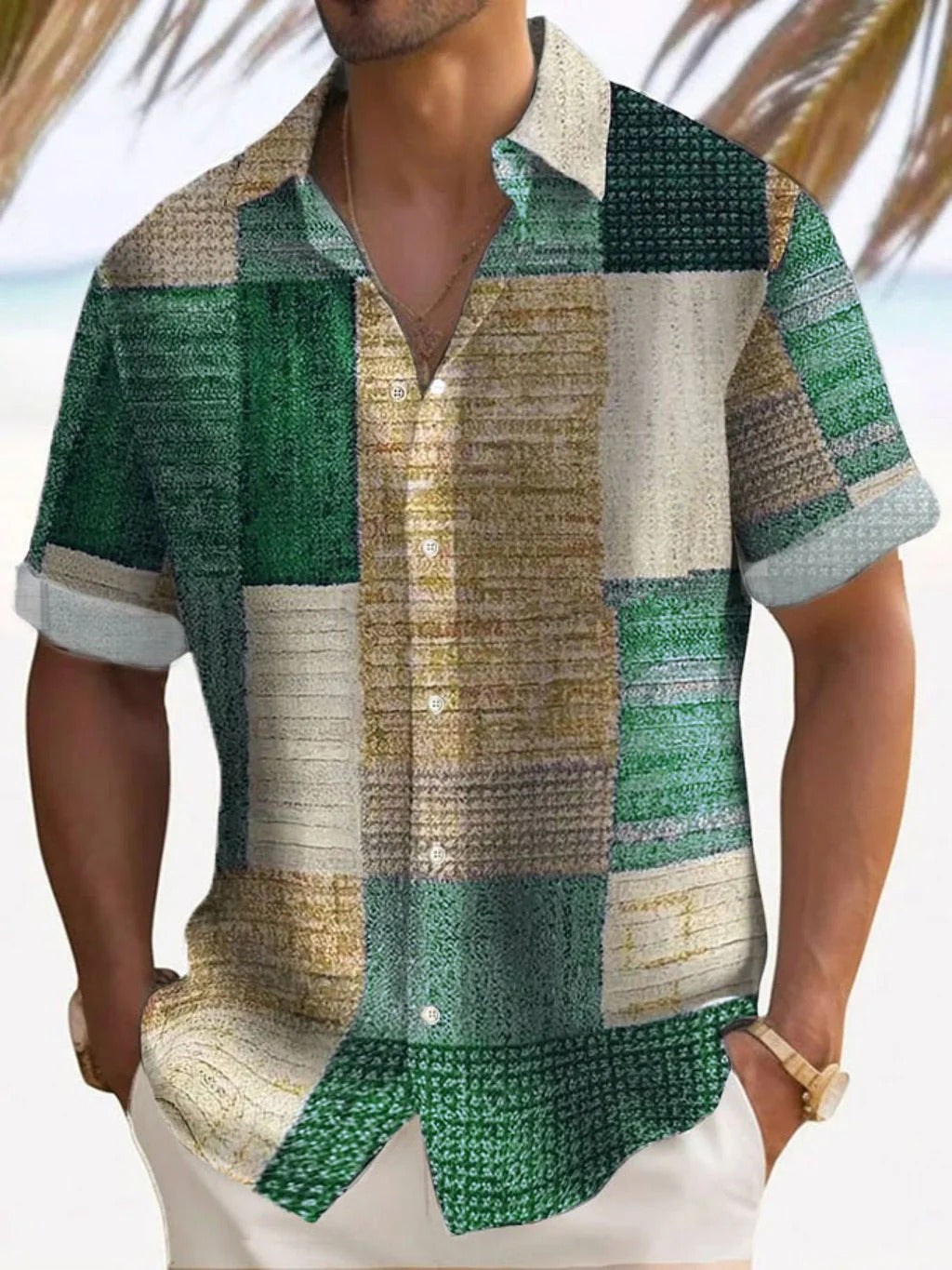 Men's Shirt with Short Sleeves – Relaxed Fit – Linen and Cotton – Patchwork Design