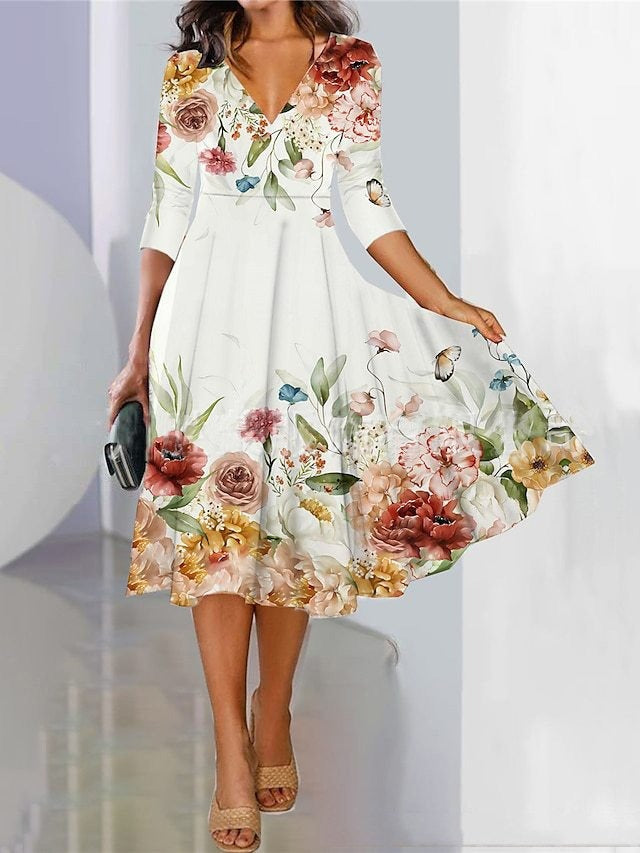 Dress for Women – Midi – V-neck – A-line Fit – 3/4 Sleeves – Floral Print – Breathable Fabric
