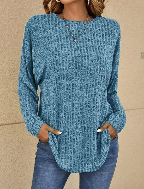 Women's Long-Sleeve Top – Relaxed Fit – Ribbed Knit – Hip-Length Everyday Use