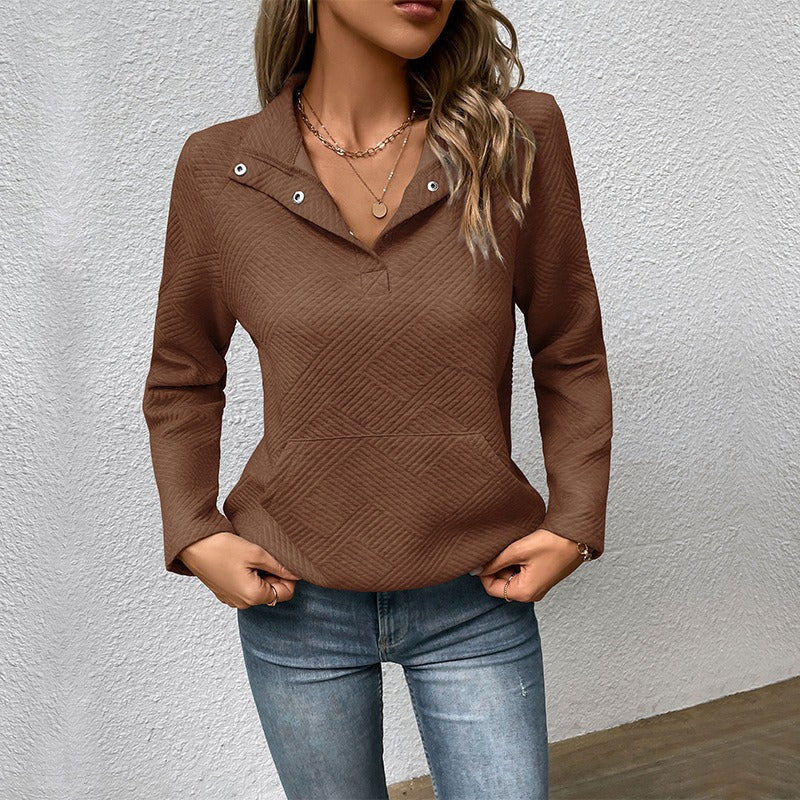 Women's Sweater – Quilted Fabric – Relaxed Fit – High Collar with Buttons