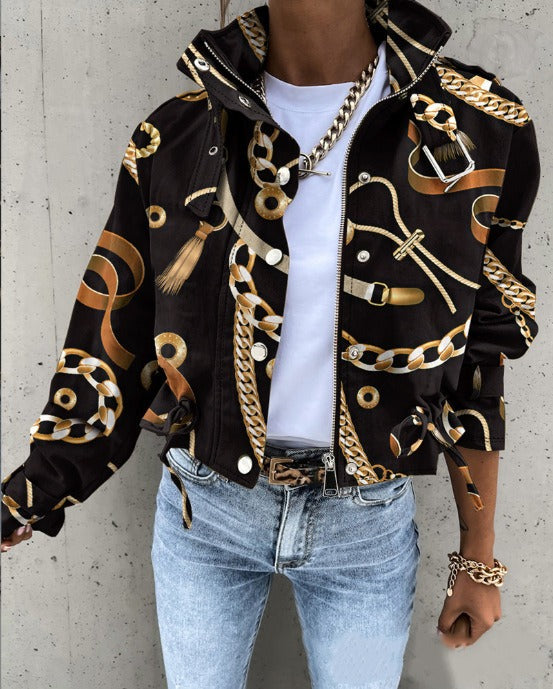 Women's Jacket – Cropped Cut – Relaxed Fit – Patterned – Adjustable Hem