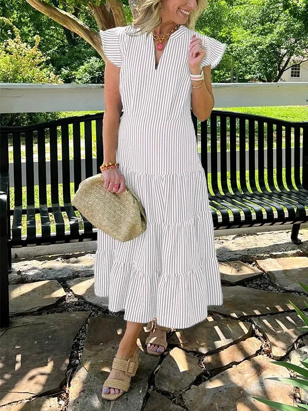 Dress for women – midi – cotton – V-neck – ruffle sleeves – striped – tiered skirt