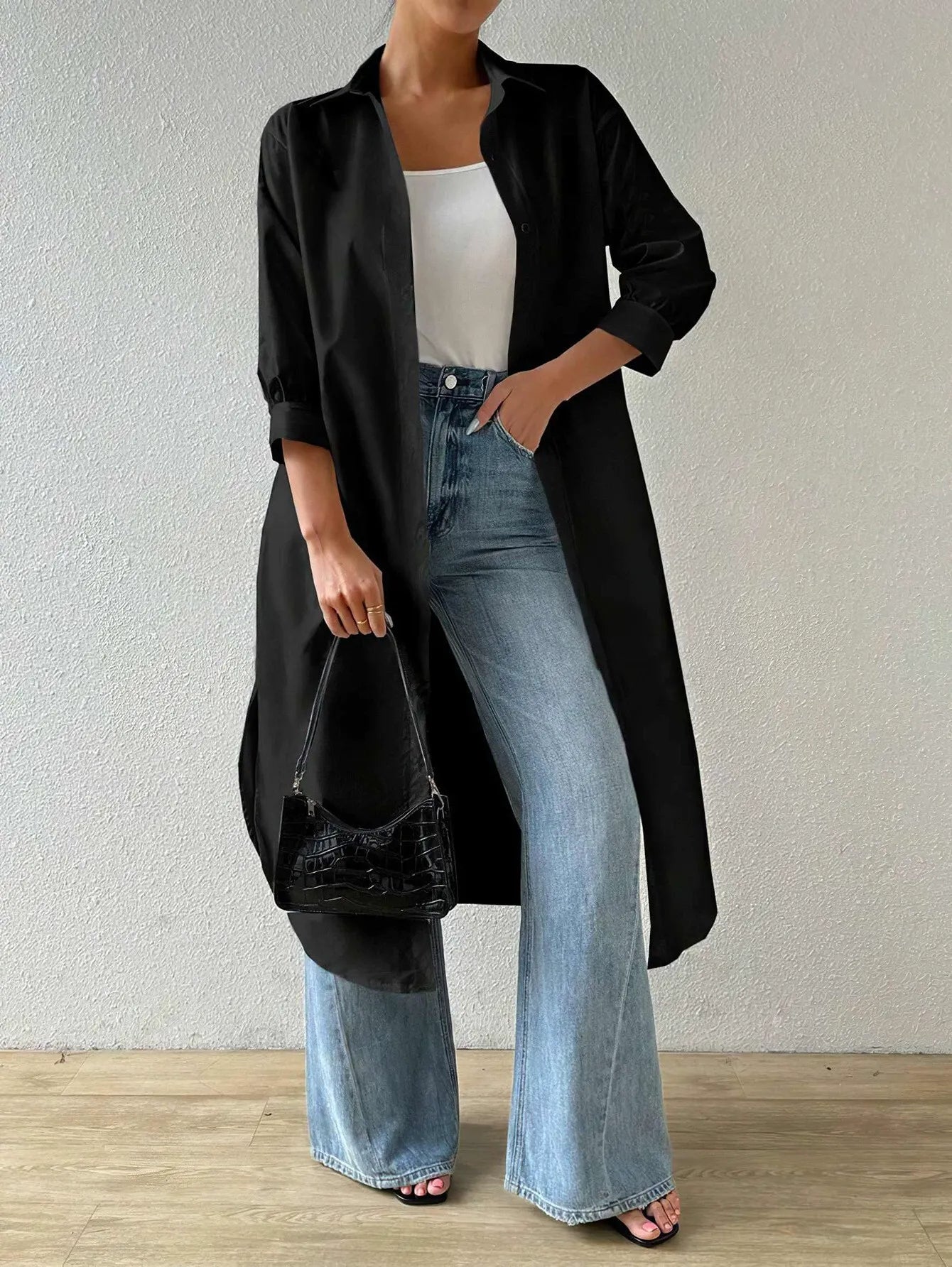 Women's Cardigan – Light Knit – Long Model – Open Front – 3/4 Sleeves – Relaxed Fit