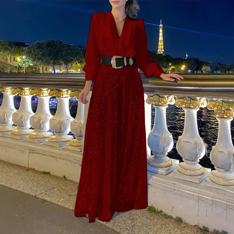 Dress woman – V-neck – Long sleeves – Fitted fit – Glittering maxi length