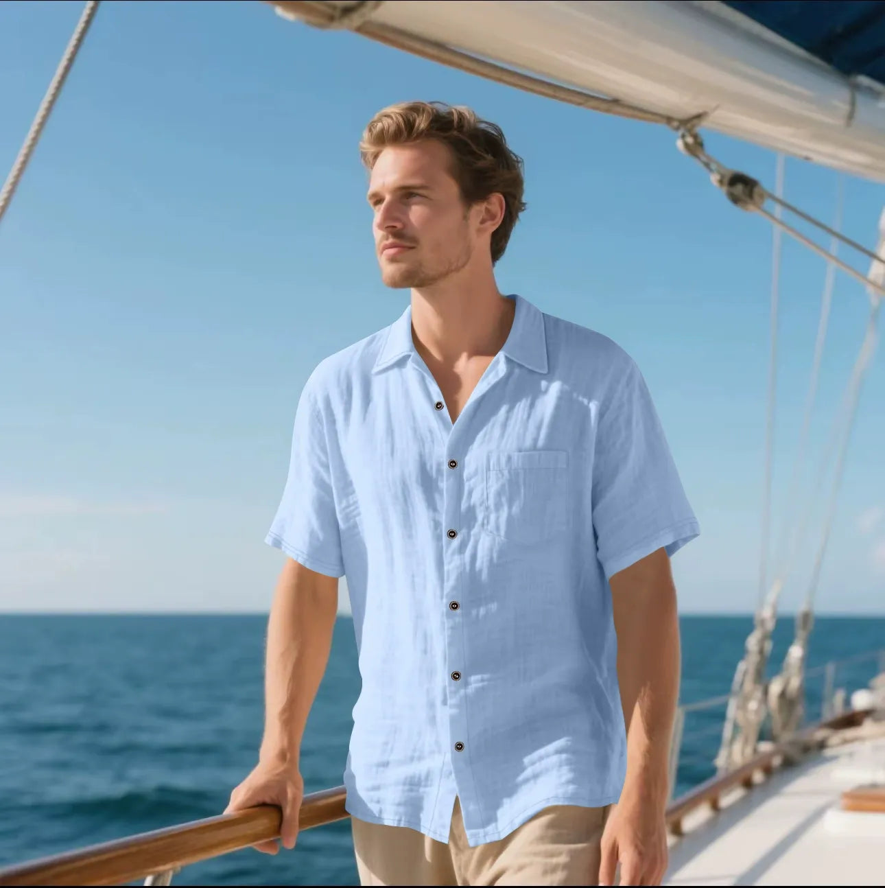 Men's Shirt with Buttons – Linen – Relaxed Fit – Short Sleeve – Breathable Casual