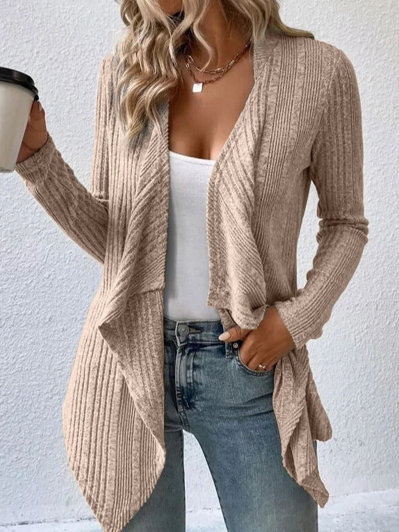 Women's Cardigan – Wool Blend – Relaxed Fit – Ribbed Knit – Open Draped Front