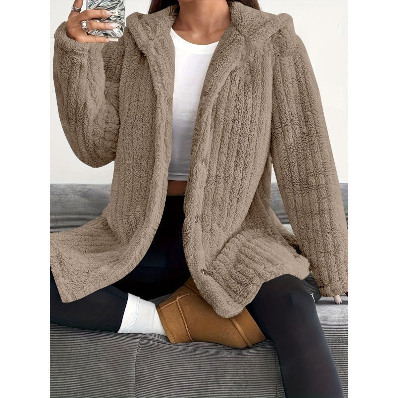 Women's Coat – Oversized Fit – Hood – Ribbed Texture – Soft Teddy Lining – Buttoning