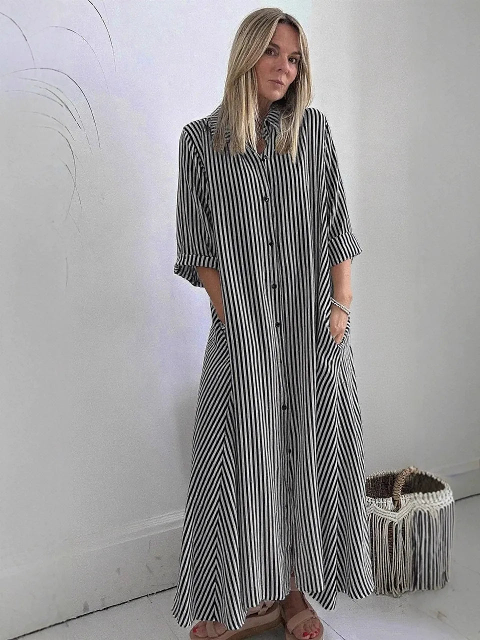 Women's Maxi Dress – Striped – Loose Fit – Button Closure – 3/4 Sleeves – Cotton Blend