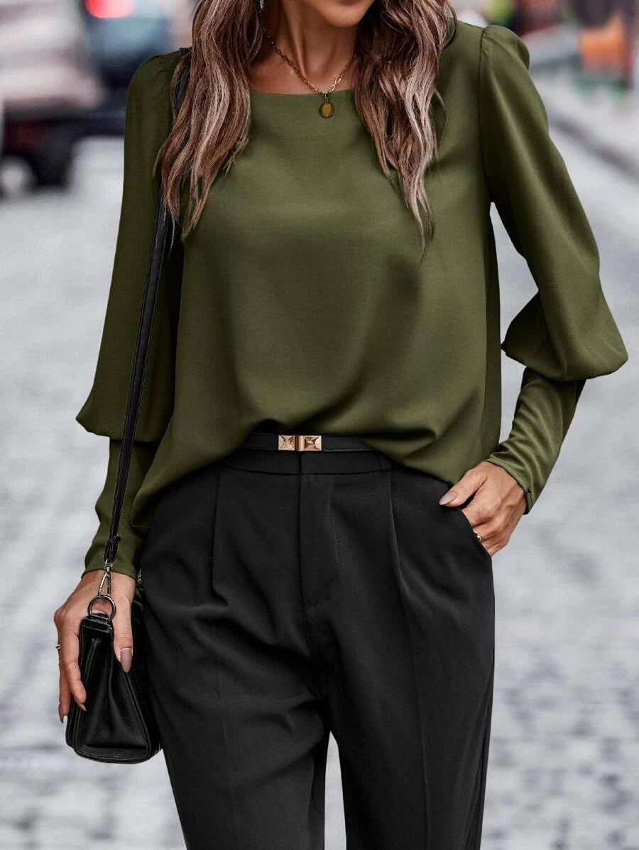 Women's Blouse – Silky Finish – Relaxed Fit – Puff Sleeves – Knee-Length with Buttons