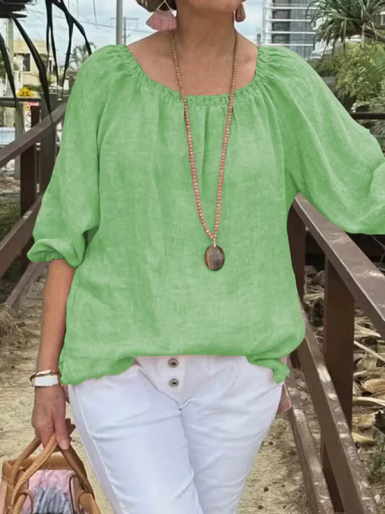 Women's Sweater – Relaxed Fit – Linen and Cotton – Mid-Length Sleeves – Round Neck