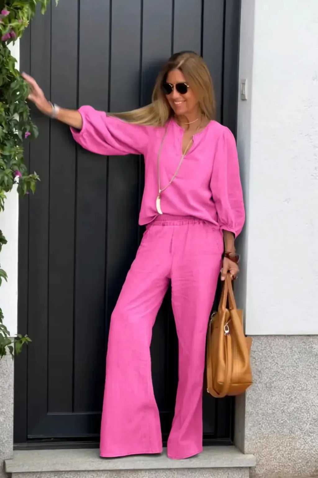Women's Set with Top and Pants – Linen and Cotton – Wide Pants – V-neck – Relaxed Fit