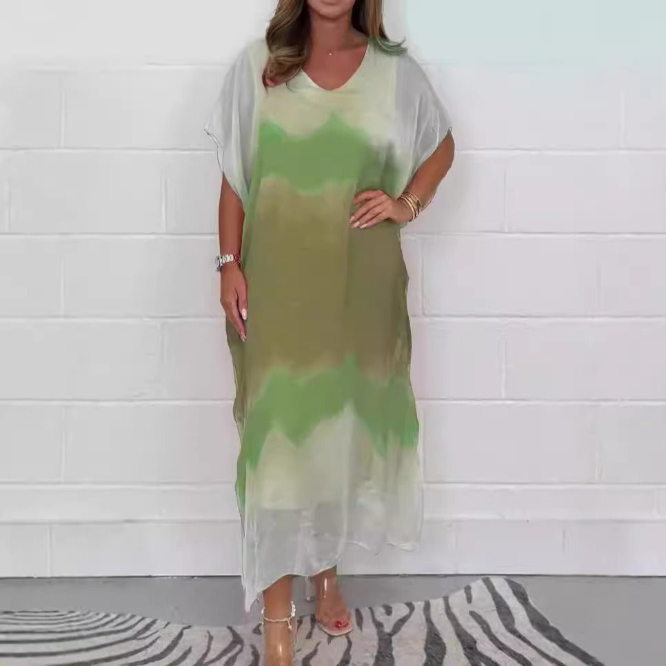 Women's Maxi Dress – Chiffon – V-neck – Ombre Design – Short Sleeve – Loose Fit