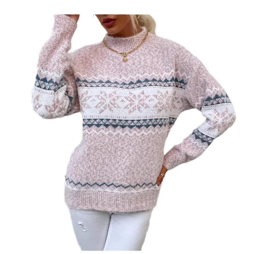 Women's Sweater – Wool Knit – Relaxed Fit – Snowflake Pattern – High Neck