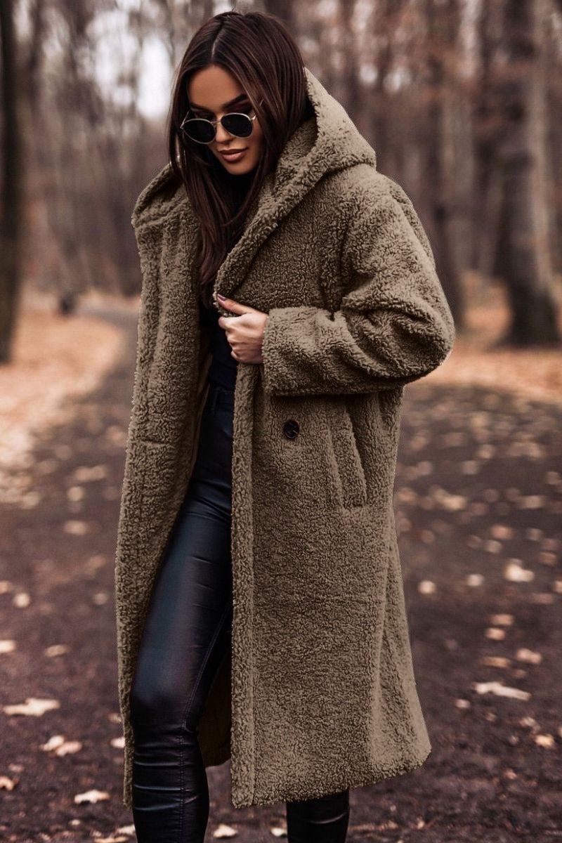 Women's Coat – Wool – Oversized Fit – Full Length – Hood with Buttons
