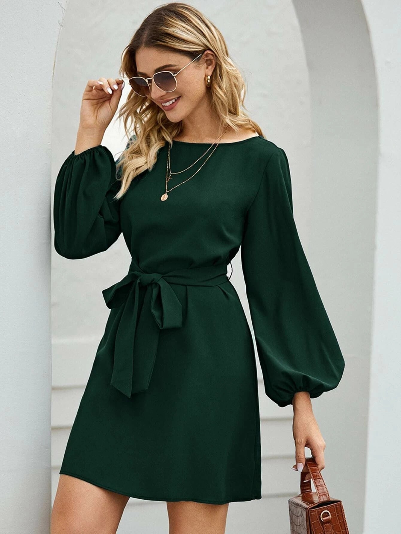 Dress woman midi – Slim fit – Puff sleeves – Tie belt – Business casual