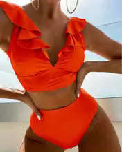 Women's Bikini Set – Ruffled V-neck – High Waist – Breathable Elastic Fabric