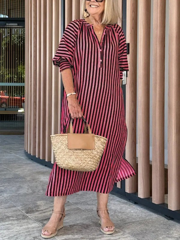 Dress woman – Midi length – Striped – V-neck – Ruffle sleeves – Relaxed fit – Cotton blend