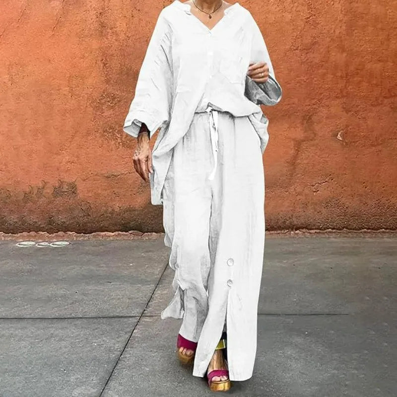 Women's Set with Cardigan and Wide Pants – Relaxed Fit – V-neck – Soft Cotton Blend