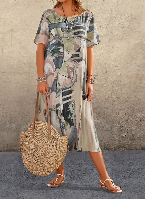 Dress for Women – Relaxed Fit – Abstract Pattern – Short Sleeve – Round Neck – Midi