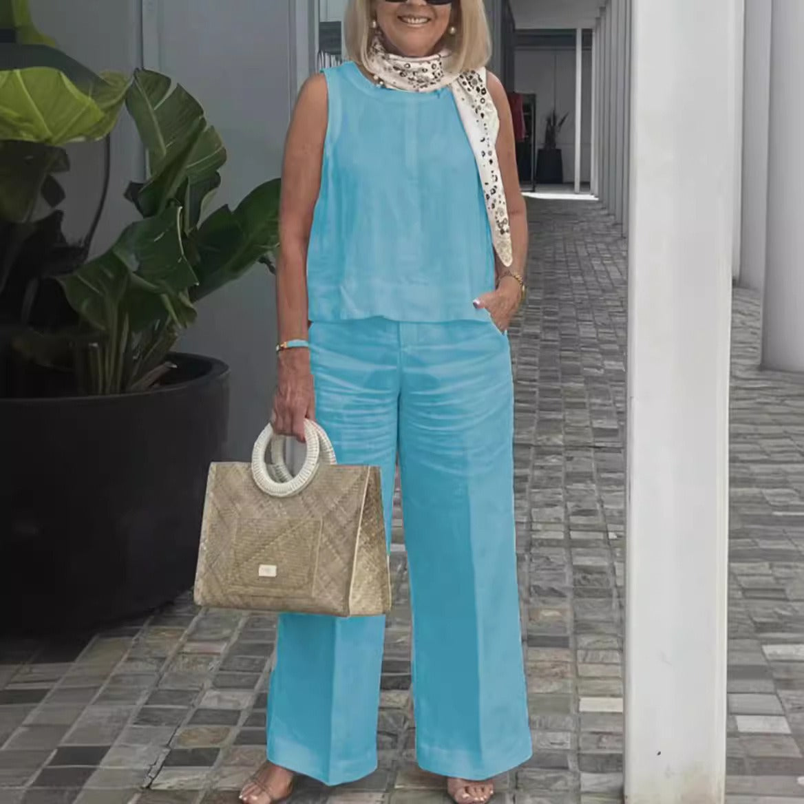 Women's Set – Sleeveless Top and Wide Pants – Linen Cotton – Relaxed Fit