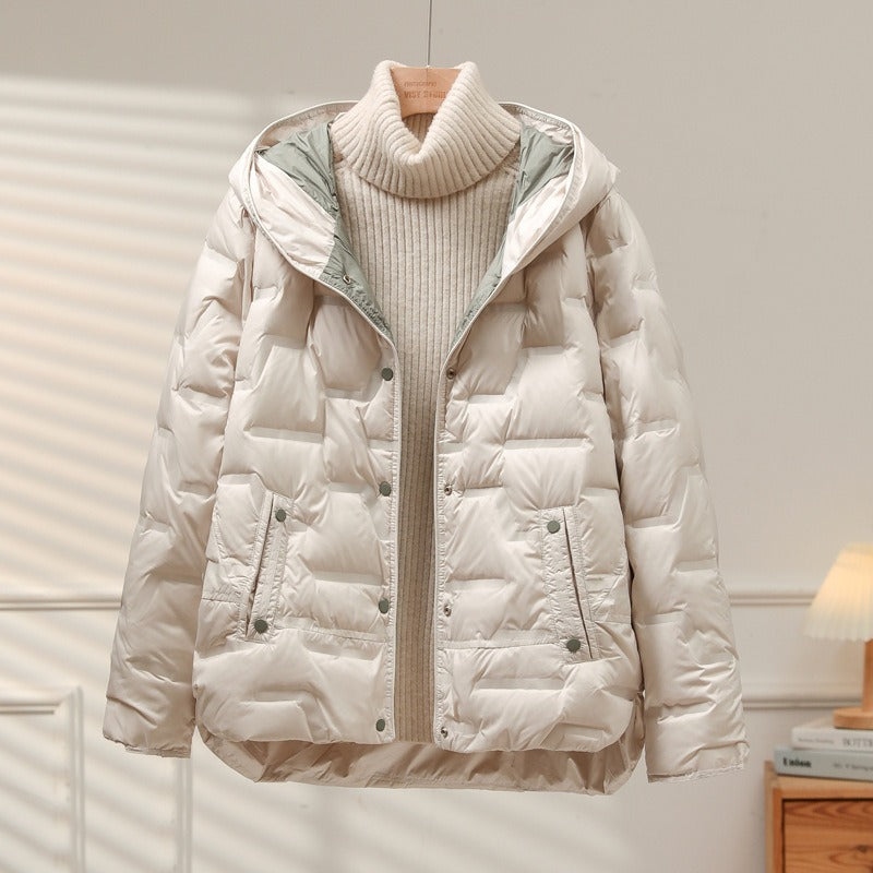 Women’s Jacket - Quilted - Woven Fabric - Attached Hood - Snap Button Closure