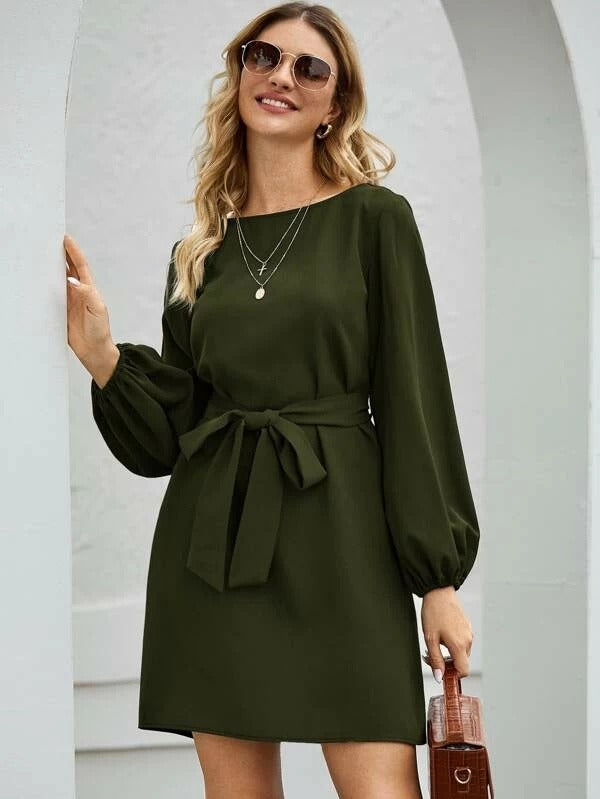 Dress woman midi – Slim fit – Puff sleeves – Tie belt – Business casual