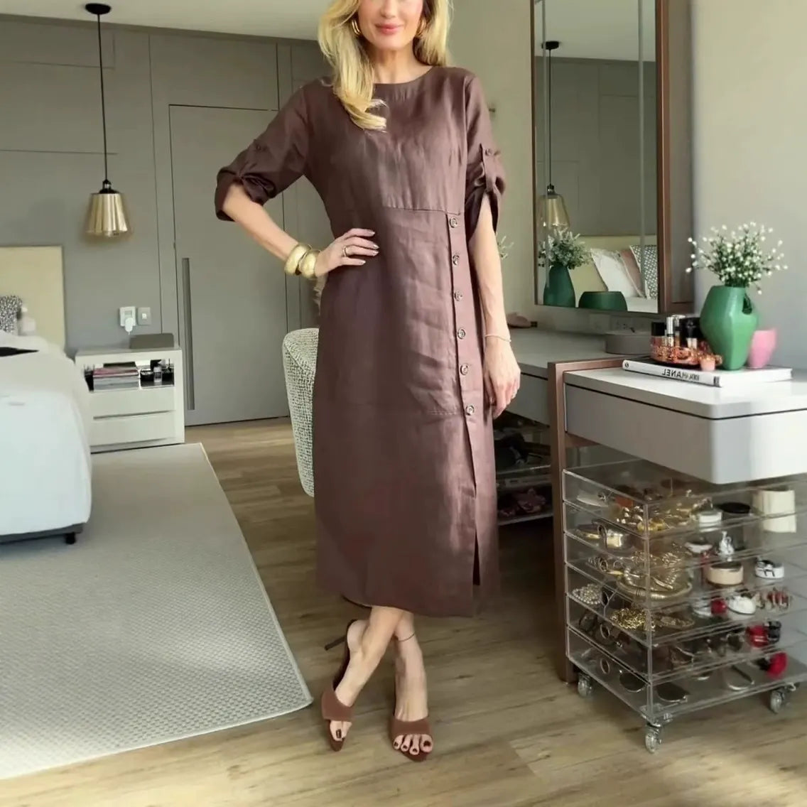 Women's Midi Dress – Relaxed Fit – Linen Cotton – Short Sleeves – Side Buttons