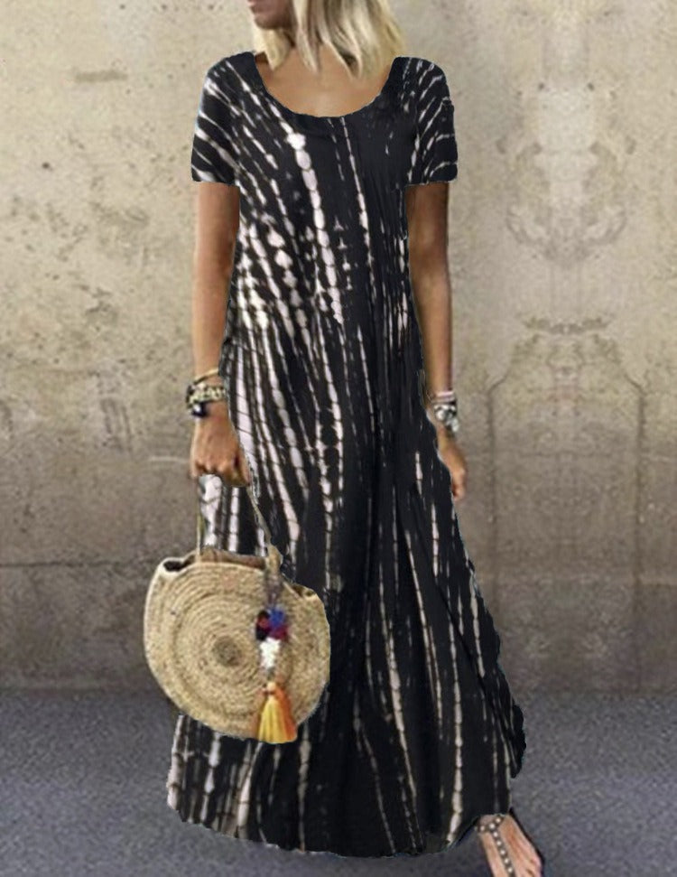 Women's Maxi Dress – Tie-Dye Pattern – Loose Fit – Short Sleeve – Breathable Cotton