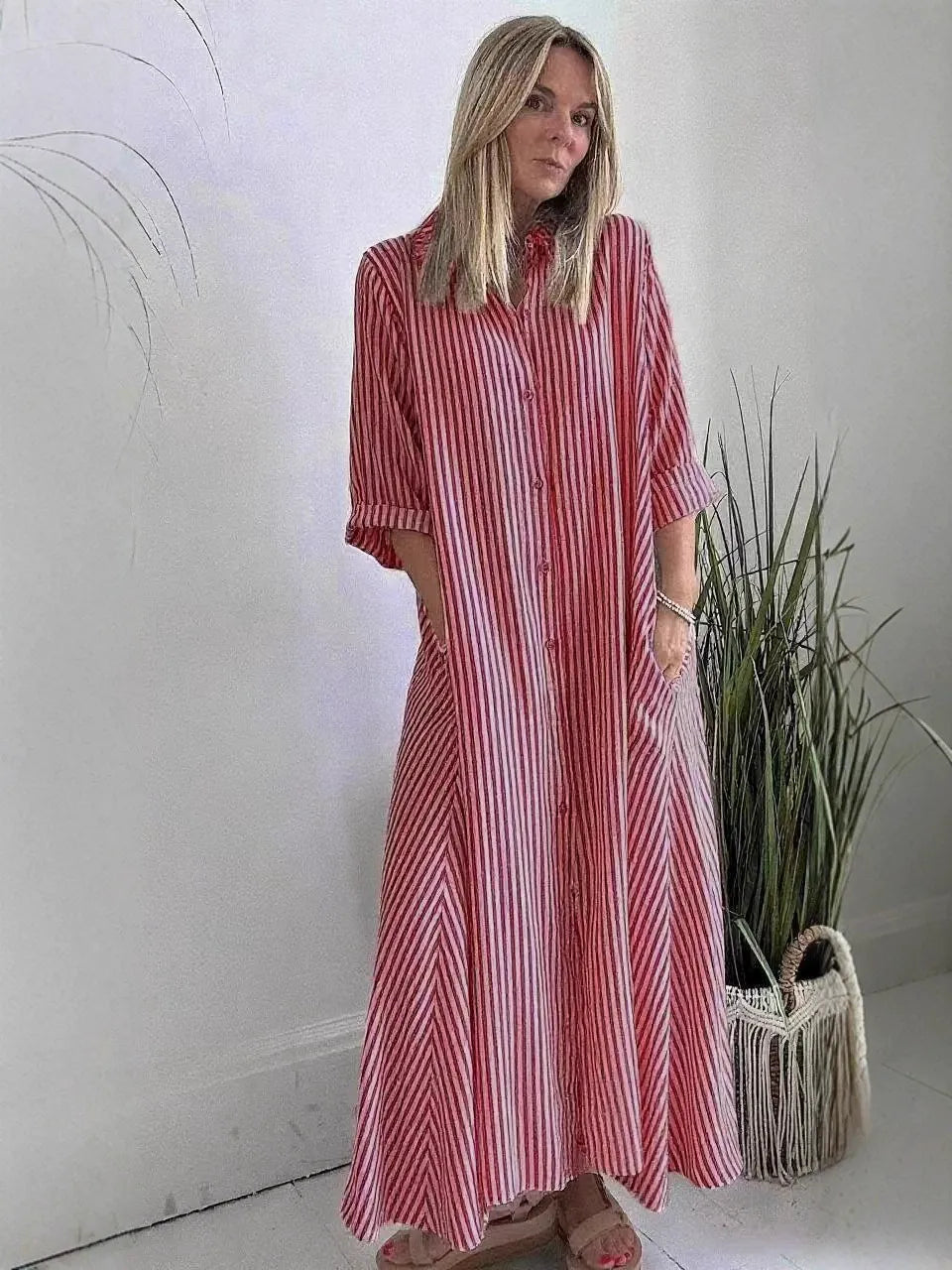 Women's Maxi Dress – Striped – Loose Fit – Button Closure – 3/4 Sleeves – Cotton Blend