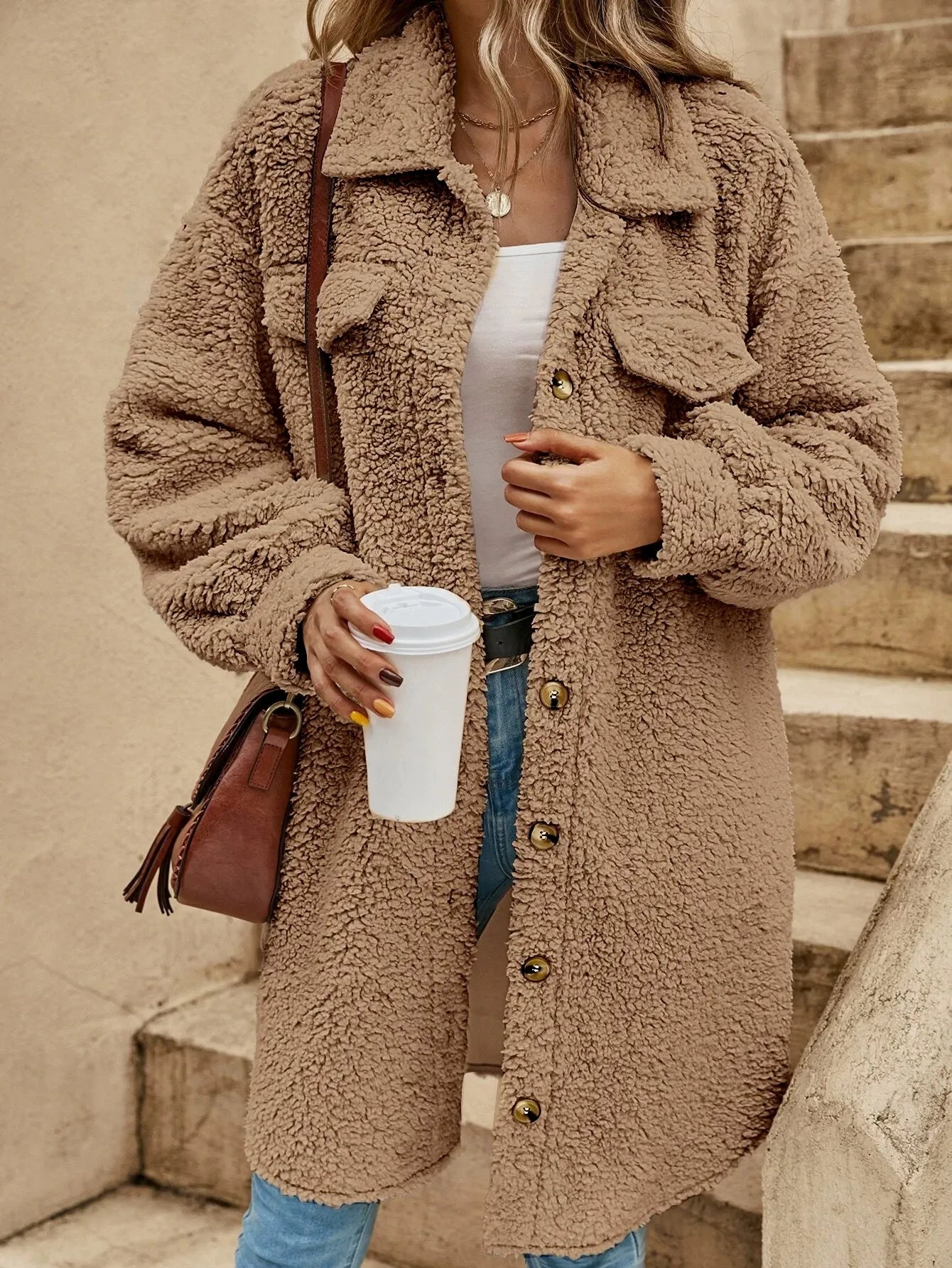Women's Coat – Oversized Fit – Soft Texture – Knee Length – Flap Chest Pockets