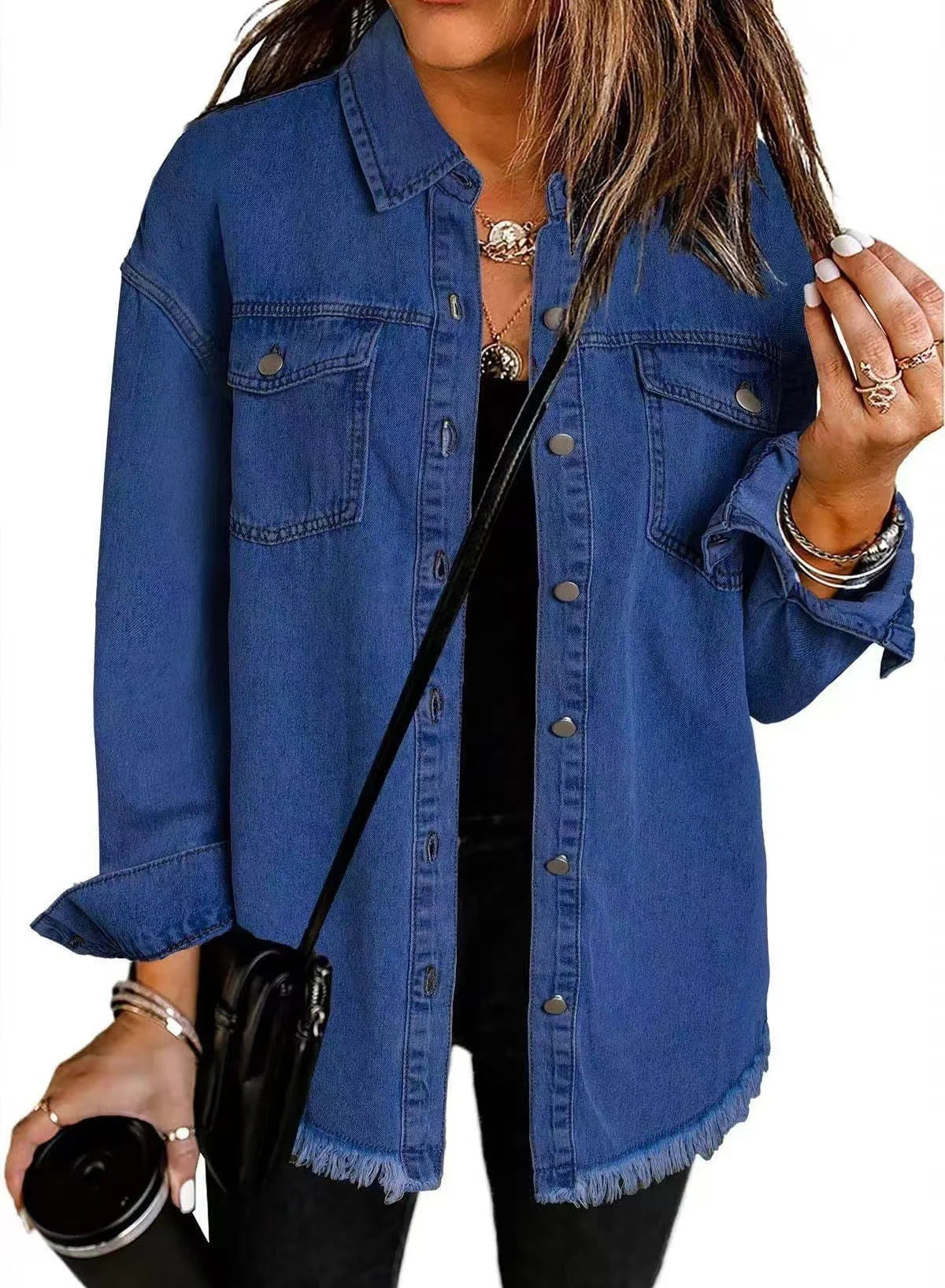 Women's Denim Jacket – Relaxed Fit – Fringed Hem – Buttons and Chest Pockets