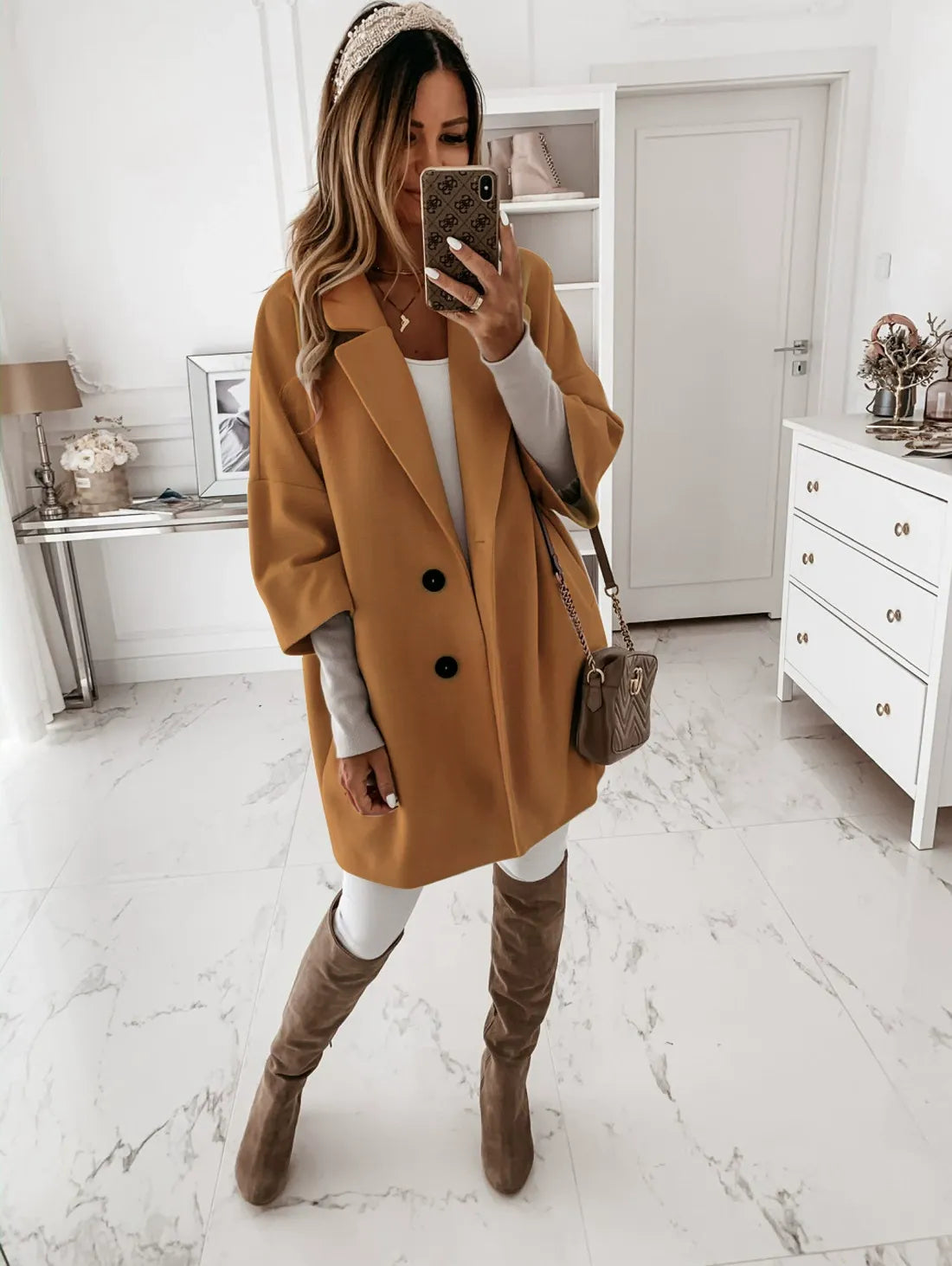 Women's Coat – Wool – Oversized Fit – Three-Part Sleeve – Buttons – Classic Collar